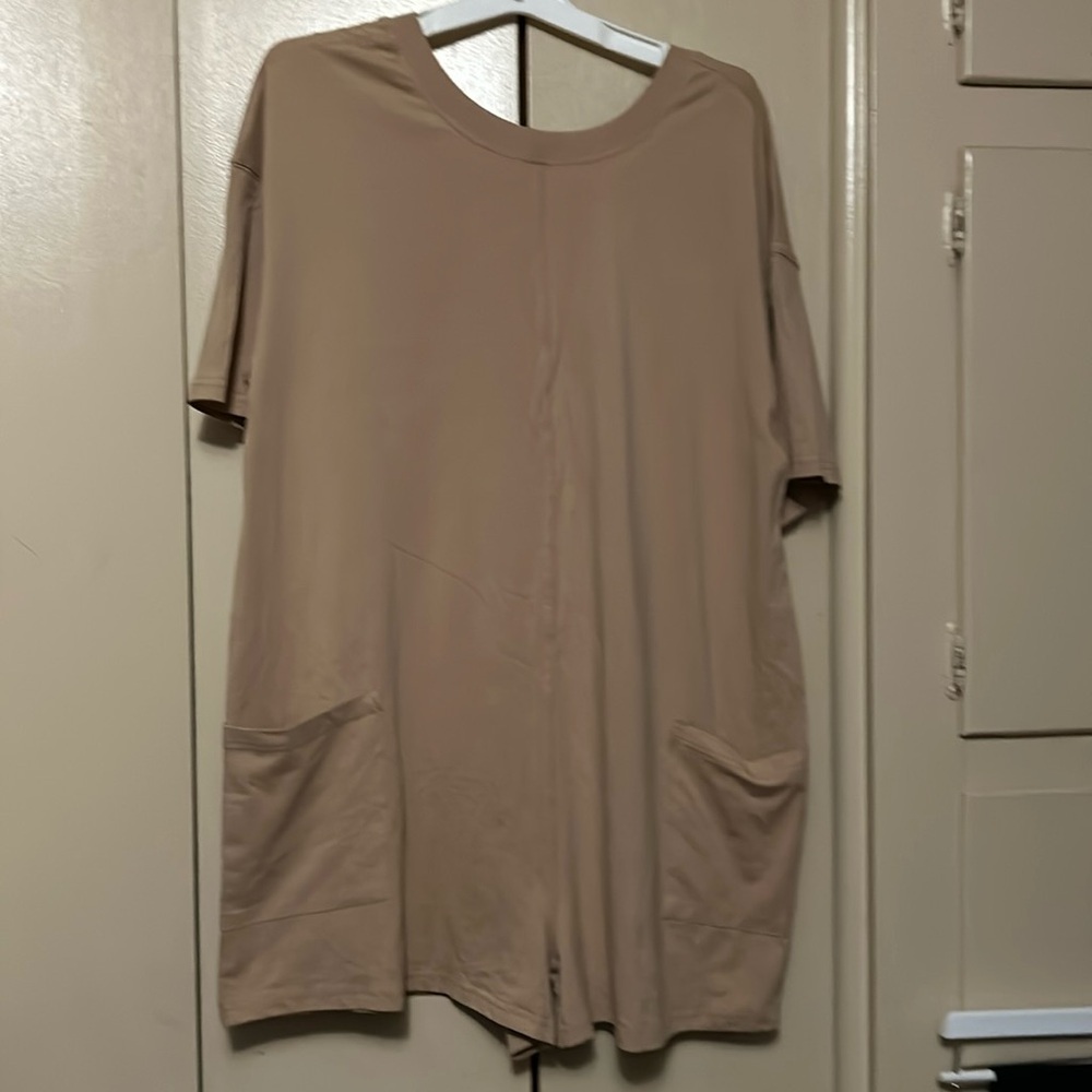 V back romper tan